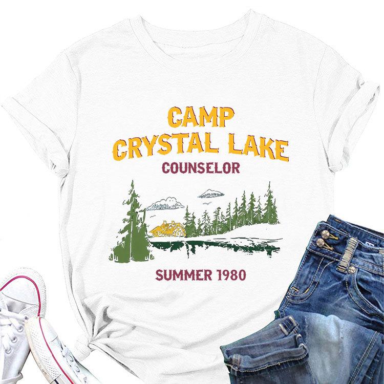 Summer New Womens Shortsleeved Tshirt Camp Crystal Lake Counselor Printed Loose Round Neck Casual Top with All Fashion Pullov