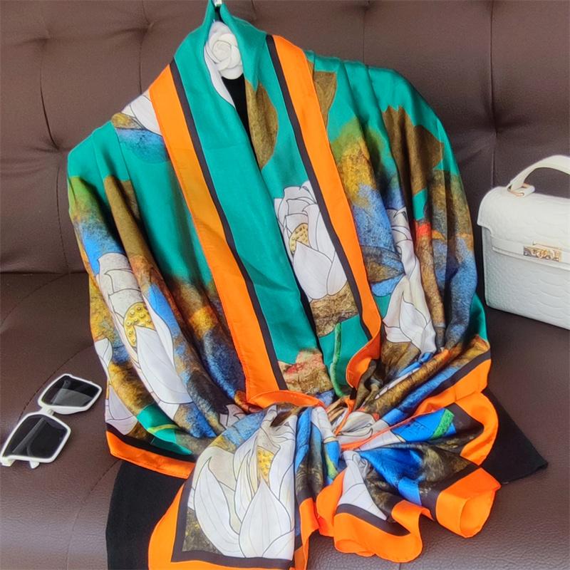 New 180*90cm classic Silk Scarf Women Foulard Office lady Large Fashion Print Beach Hijab Shawl Warp Bandanna Muffler Pareo