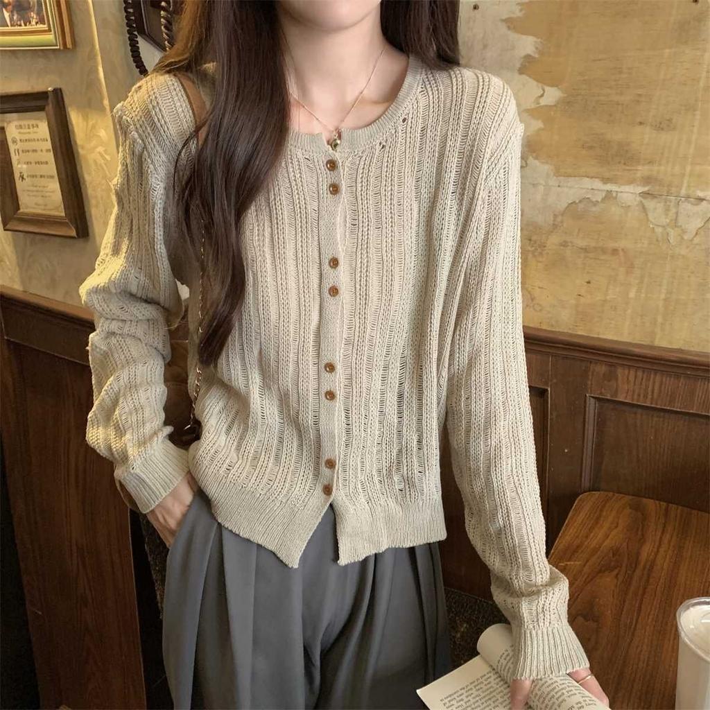 Hollowed-out Knitted Sweater for Women Long-sleeved Korean-style Knitted Cardigan Loose Knitted Sweater Top Sweater