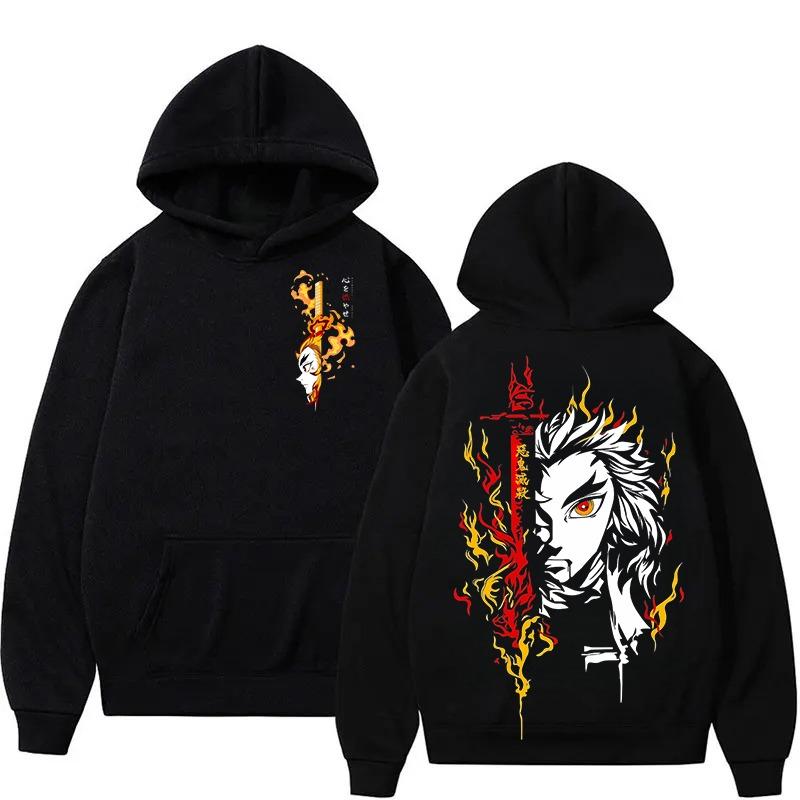 

Anime Demon Slayer Rengoku Kyojuro Print Black Hoodie Oversized Streetwear Sweatshirt Men Women Long Sleeve Autumn Top Unisex S