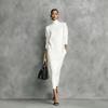 Women's Turtleneck Long Sleeve Side Slit Knit Midi Dress Solid Color Casual Dress