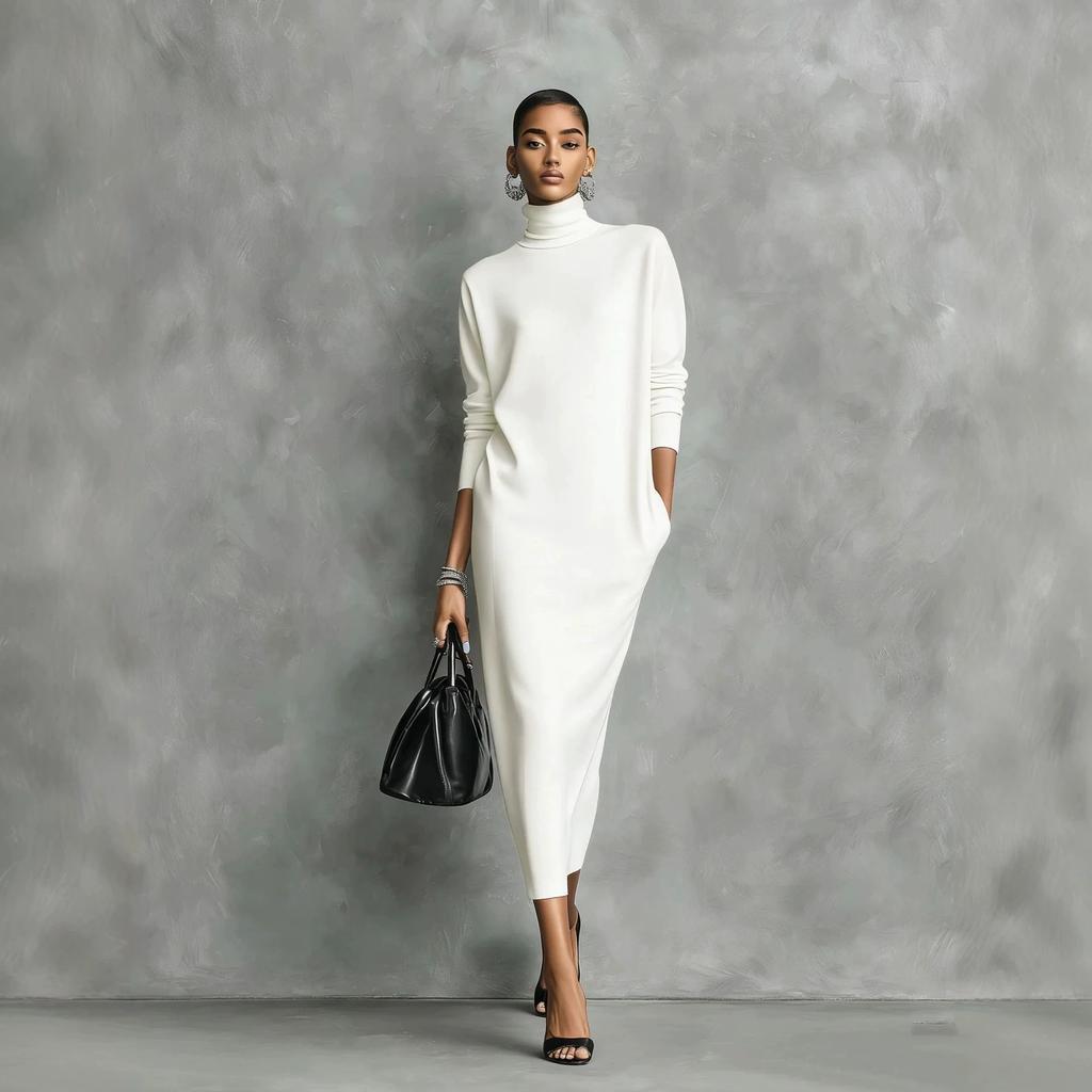 Women's Turtleneck Long Sleeve Side Slit Knit Midi Dress Solid Color Casual Dress