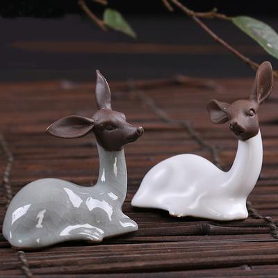 Purple Clay Ice Cracked Glaze Tea Set Ceramic Lovely Deer Ornament Animal Figurine Home Teahouse Decor Crafts