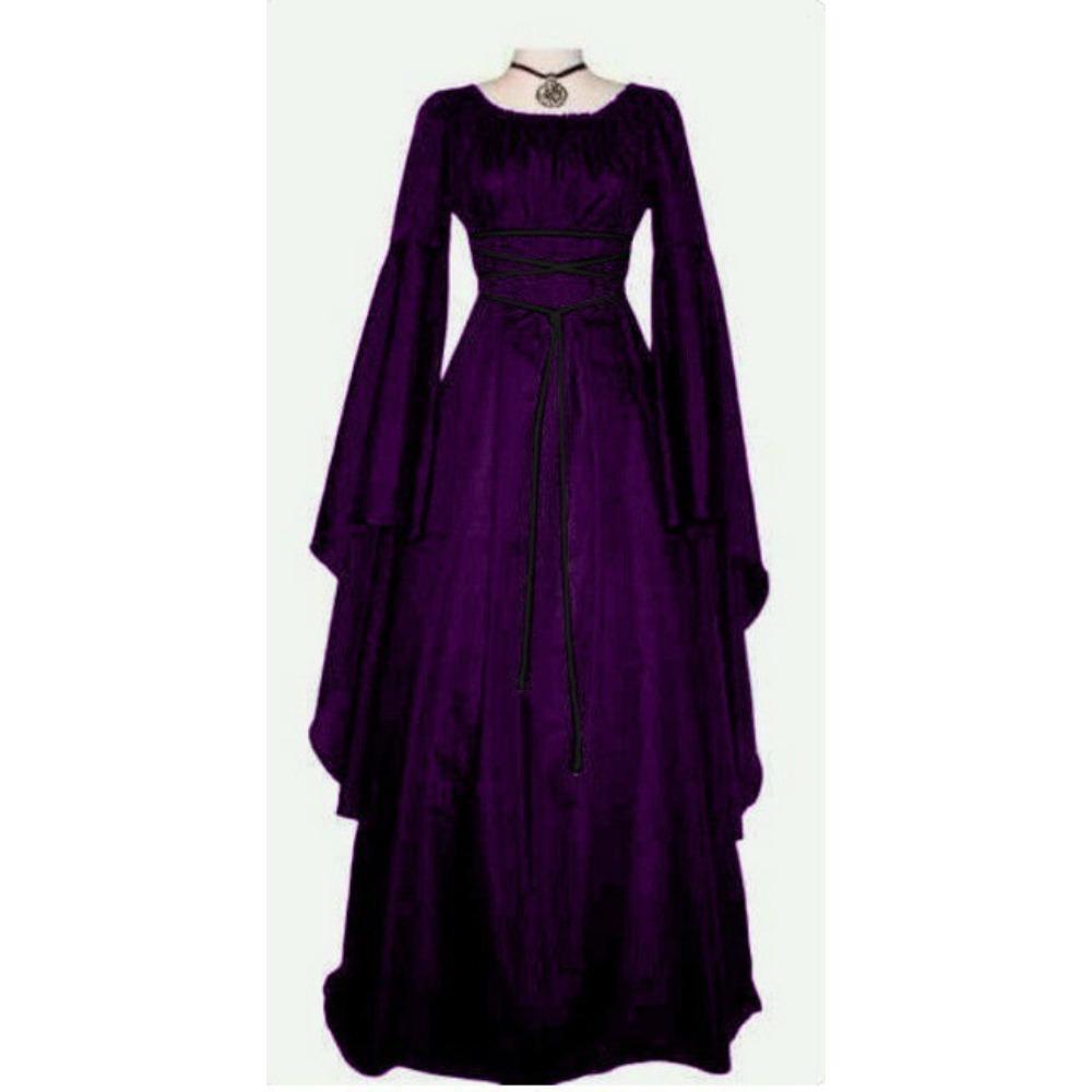Damen Rundhals Langarm Maxikleid Schmal Geschnitten Hohe Taille Gotisches Mittelalter Kostümkleid