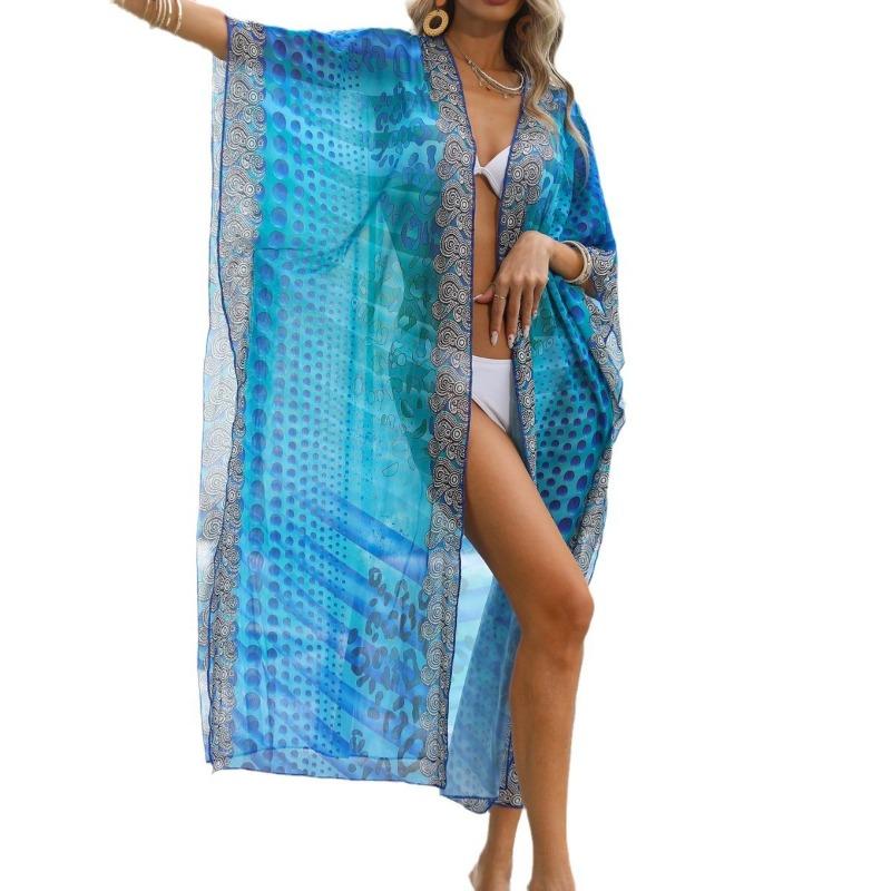Damen Strandkittel, Retro-bedruckter Böhmischer Stil Langer Bikini Mesh Kapuze