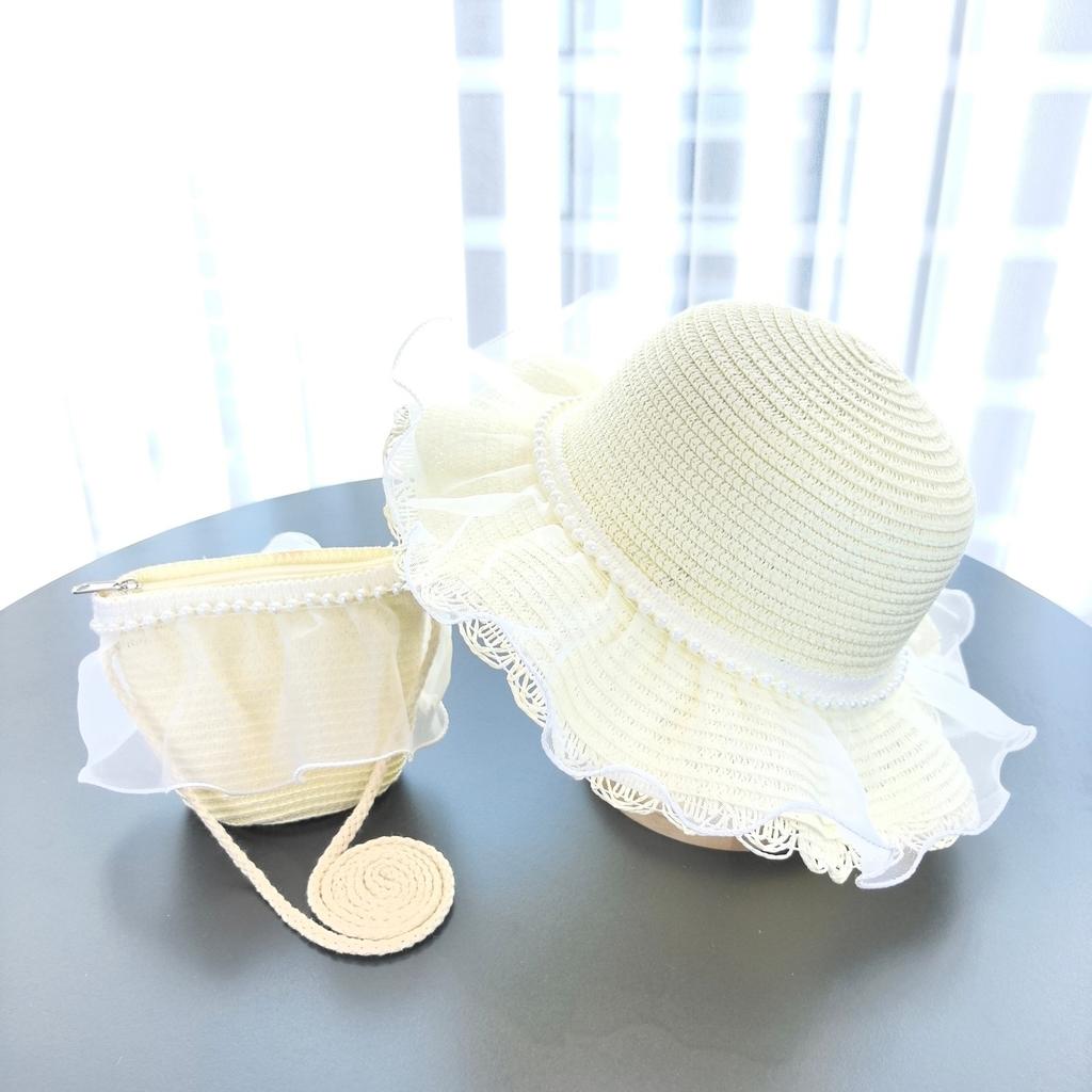 2Pcs Summer Children Beach Hats Crossbody Bag Set Lace Sun Wide Brim Straw Hat Sunshade Fisherman Hat Hat And Shoulder Bag