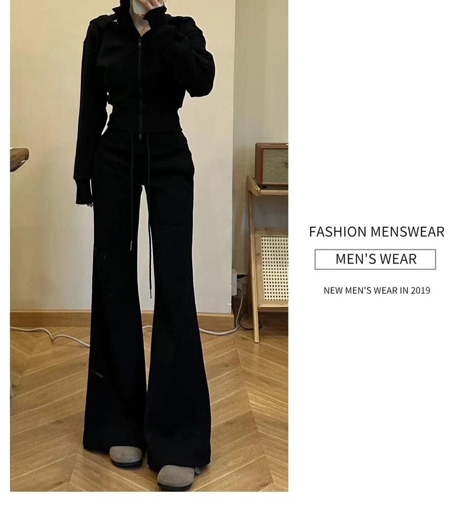 Women's Black Micro-Flare Sports Sweatpants, High-Waisted, Slimming, Flattering, Plus Velvet, Autumn/Winter 2025 Collection