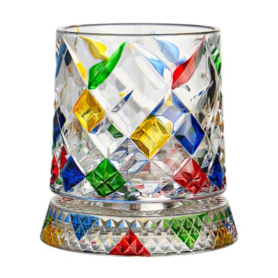 Rotating Whiskey Glass, Hand Painted Swivel Tumbler with 360-degree Spinning Base, Faux Crystal Liquor Glass Cup for Home Bar