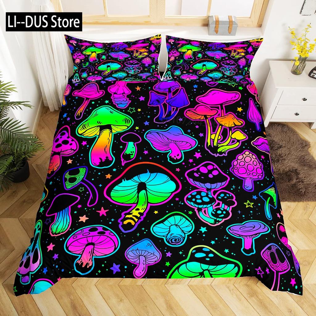Buntes Pilz-Bettwäsche-Set Einzelgröße Kinder-Bettwäsche-Set Steppdecke Bett-Set Für Jungen Mädchen Erwachsene Mit 1 Bettdecke Und 2 Kissenbezügen