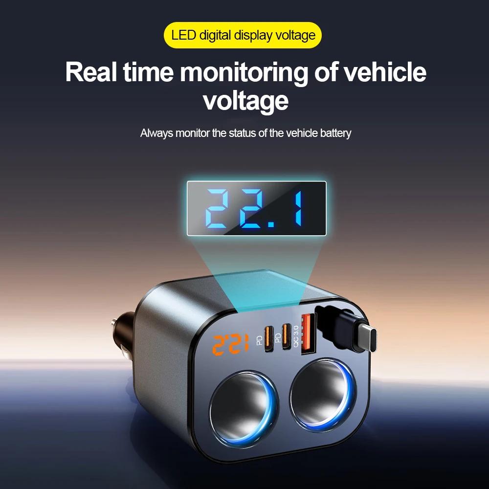 6-in-1 einziehbarer Auto-USB-Handy-Ladegerät 200W max Zigarettenanzünder-Adapter PD30W QC3.0 Schnellladeadapter für 12V-24V Autos