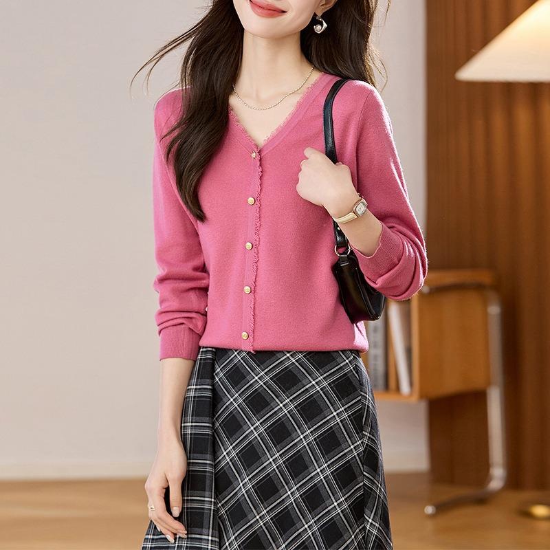 Gentle wind thin collar long-sleeved knitted sweater top early autumn temperament small jacket sweater cardigan