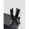Cowhide Version Thick Heel Thick Sole Wrap-around Belt Buckle Medium Boots Genuine Leather Boots Women's Western Boots Versatile Knight Boots