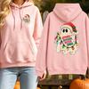 Women Hoodie Spooky Season Never Ends Ghost Christmas Lights Santa Hat Funny Graphic Pullover Sweatshirt Casual Halloween Top