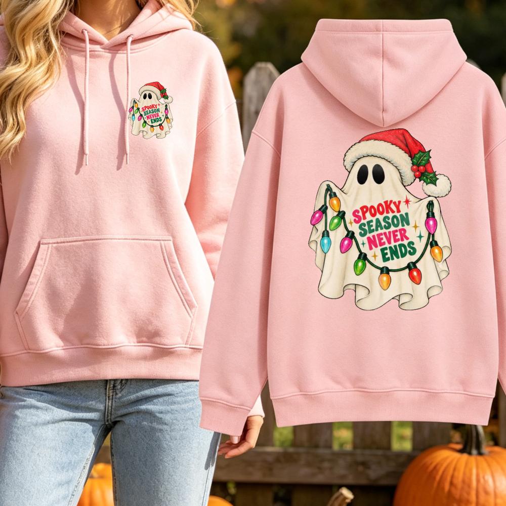 Women Hoodie Spooky Season Never Ends Ghost Christmas Lights Santa Hat Funny Graphic Pullover Sweatshirt Casual Halloween Top