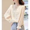 Off-white Long-sleeved V-neck Shirt for Women's Spring New Style Elegant National Style Retro Design Top