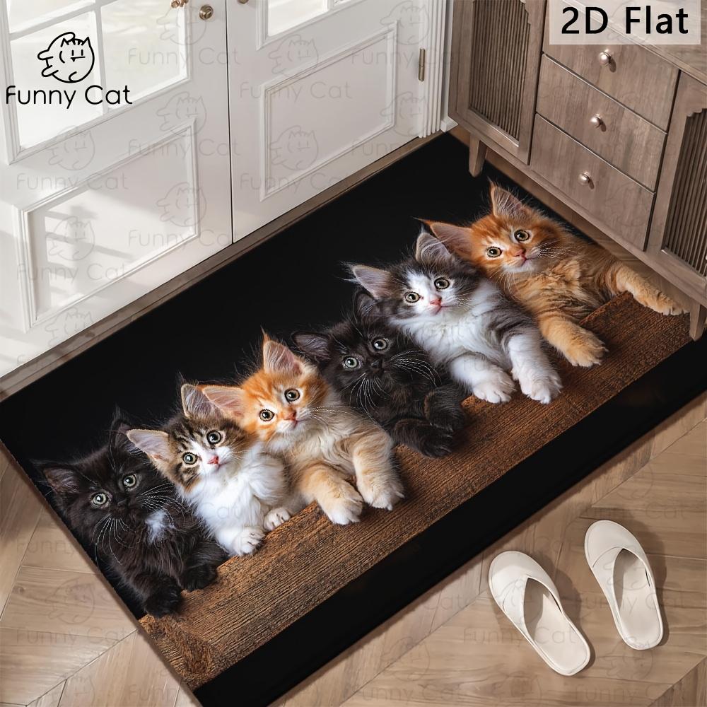 1pc 2D Flat Row Of Cute Kittens Funny Cat Faces Flannel Door Mat Non Slip Animal Lover Rug For Entryway Living Room Floor Decor