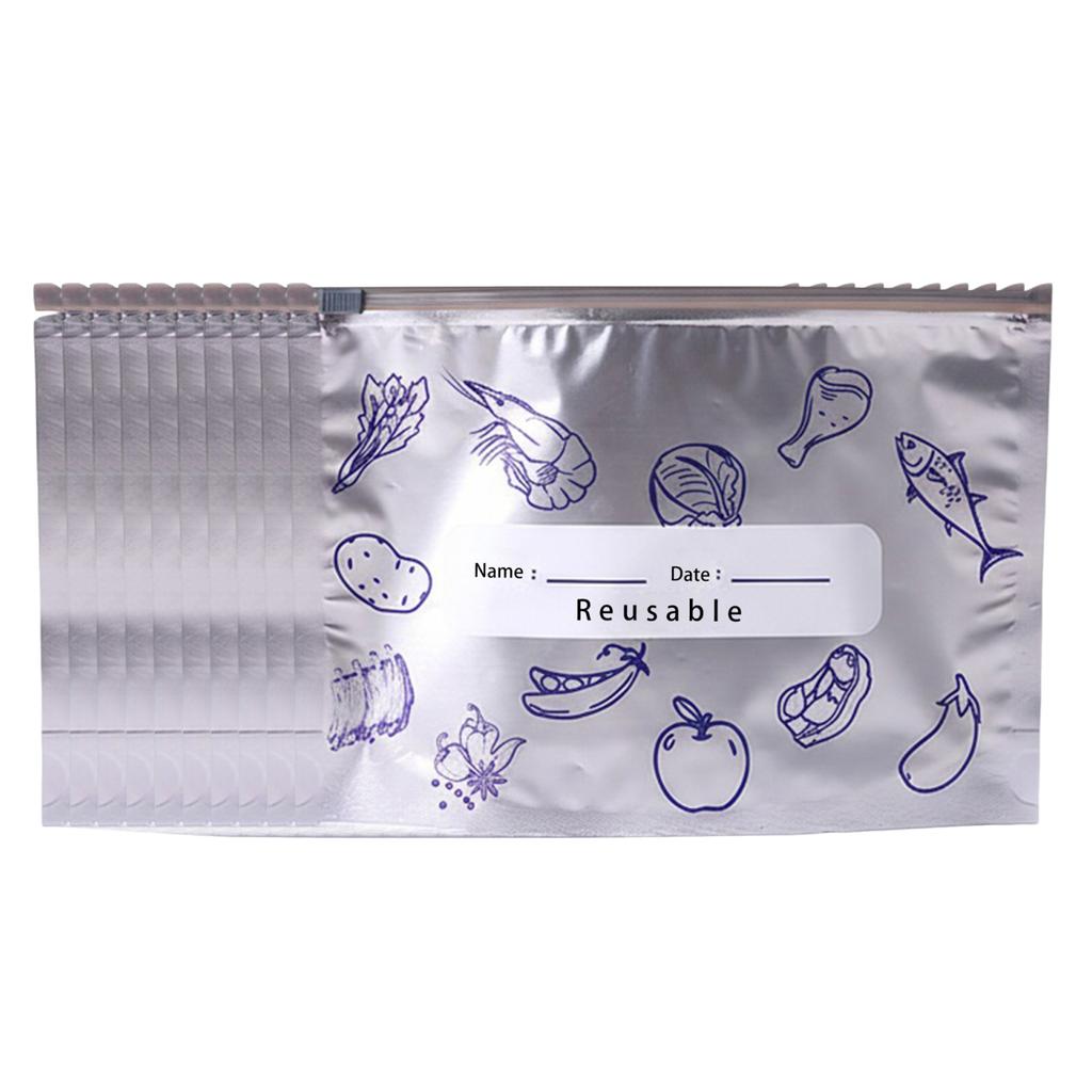 Reusable Aluminum Foil Vacuum Zipper Pouches with Label Freezer Safe & Leak Proof Stand Up Storage Bags for Vegetable Fruit Meat