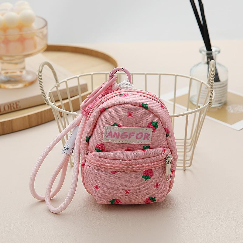 Strawberry Printed Backpack Coin Bag Cute Sweet Money Change Purse With Keychain Portable Earphone Storage Bag Wallet