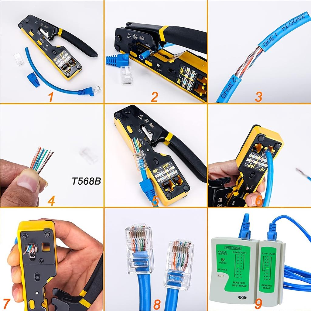 Ratcheting Modular Data Cable Crimper / Wire Stripper / Wire Cutter for RJ11/RJ12 Standard, RJ45 Pass-Thru Connectors