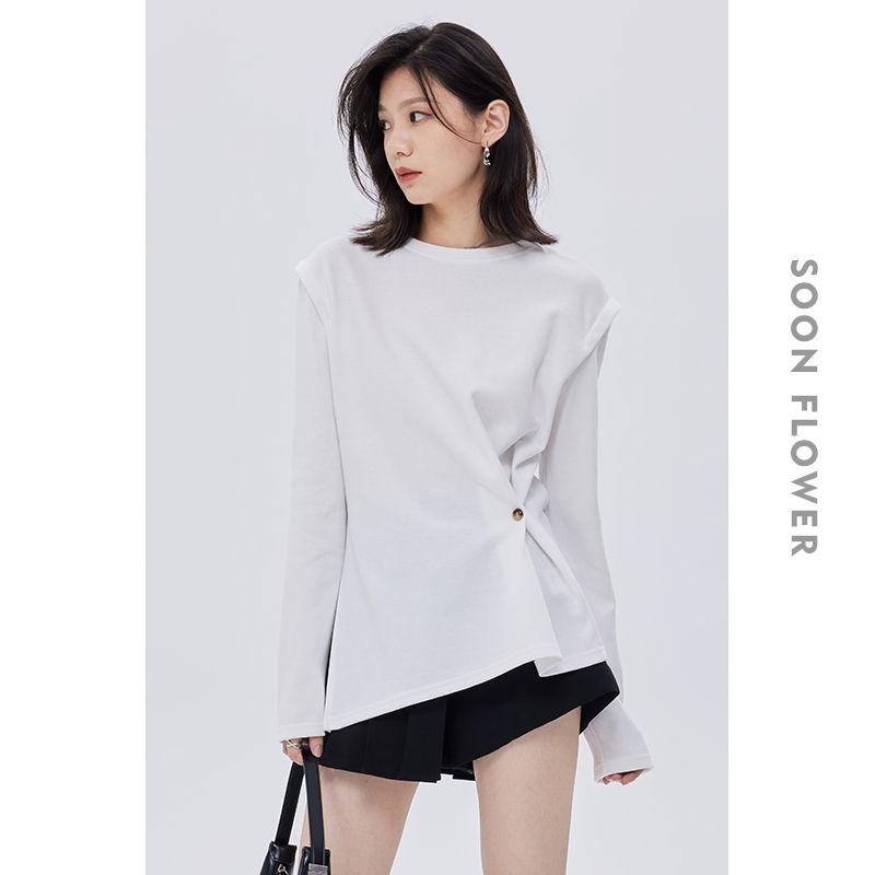 

Elastic Asymmetric Split Belt Buckle Loose Long Sleeve T-shirt White M((Suitable for M-L))