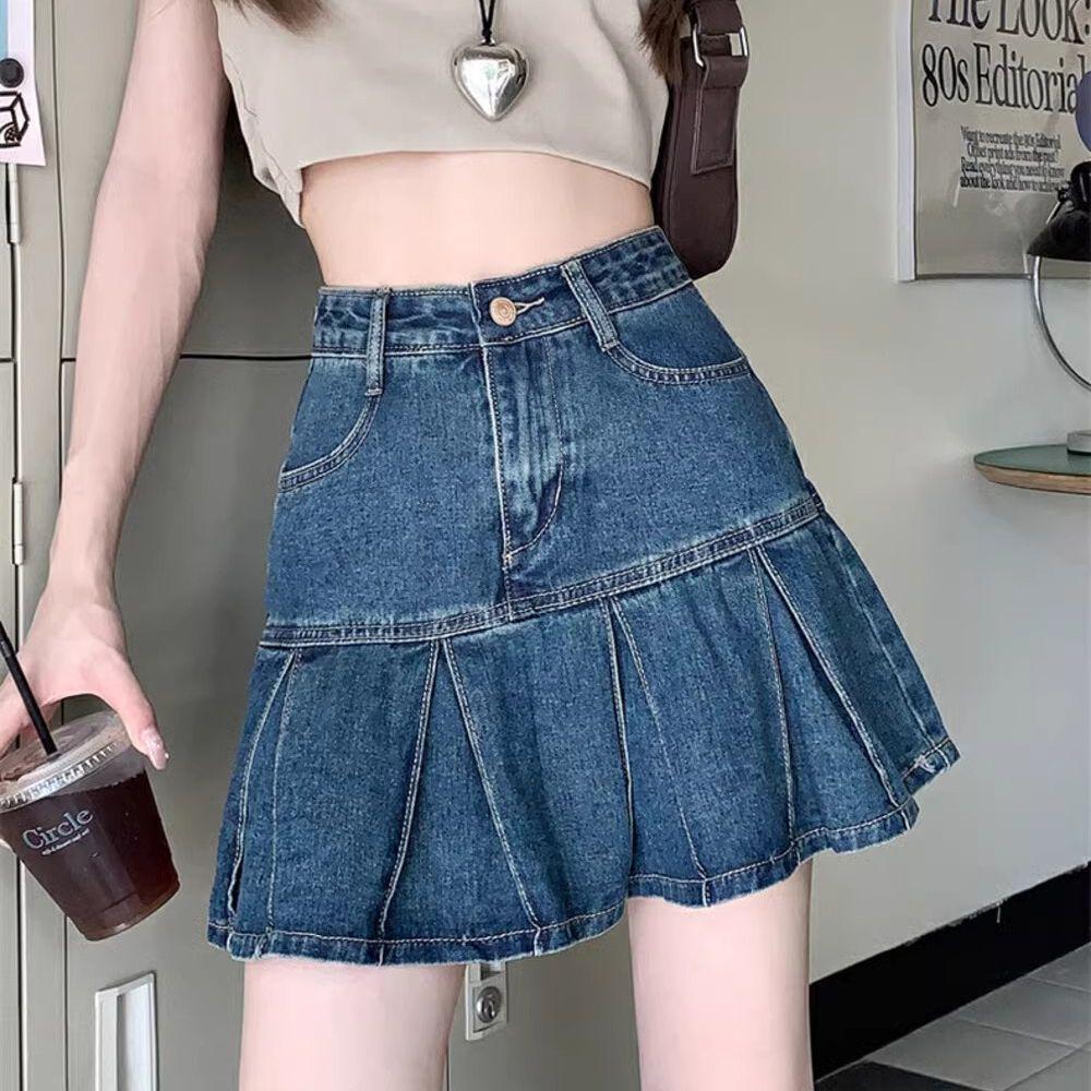 

Женская ретро джинсовая юбка А-силуэта с высокой талией и плиссировкой - 2025 Летняя короткая юбка, стройнящая фигуру Extra Large