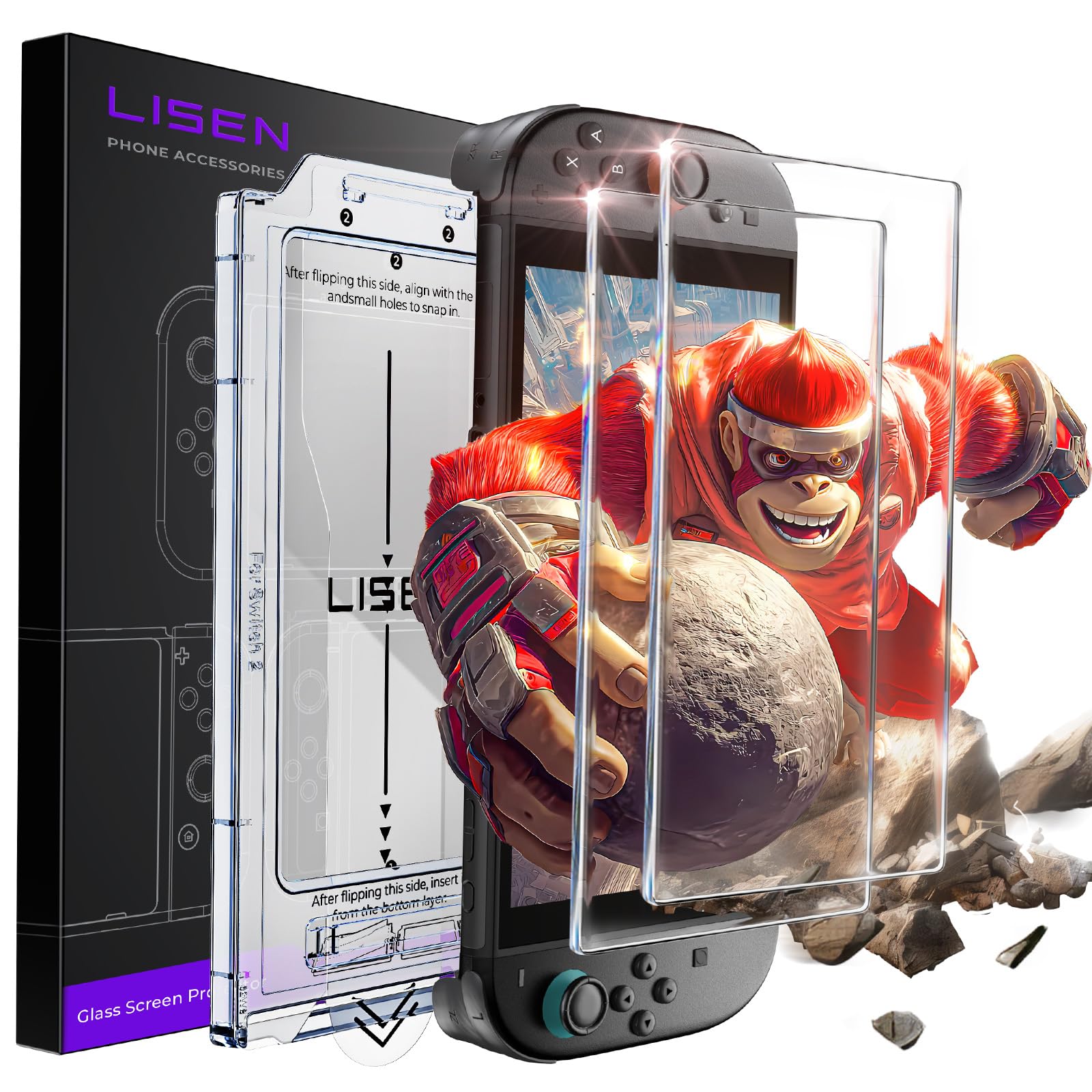 

LISEN Совместимый Защитник экрана Switch 2 Полная защита Защитное стекло для экрана для Switch Включает набор для автоматической установки Совместимый