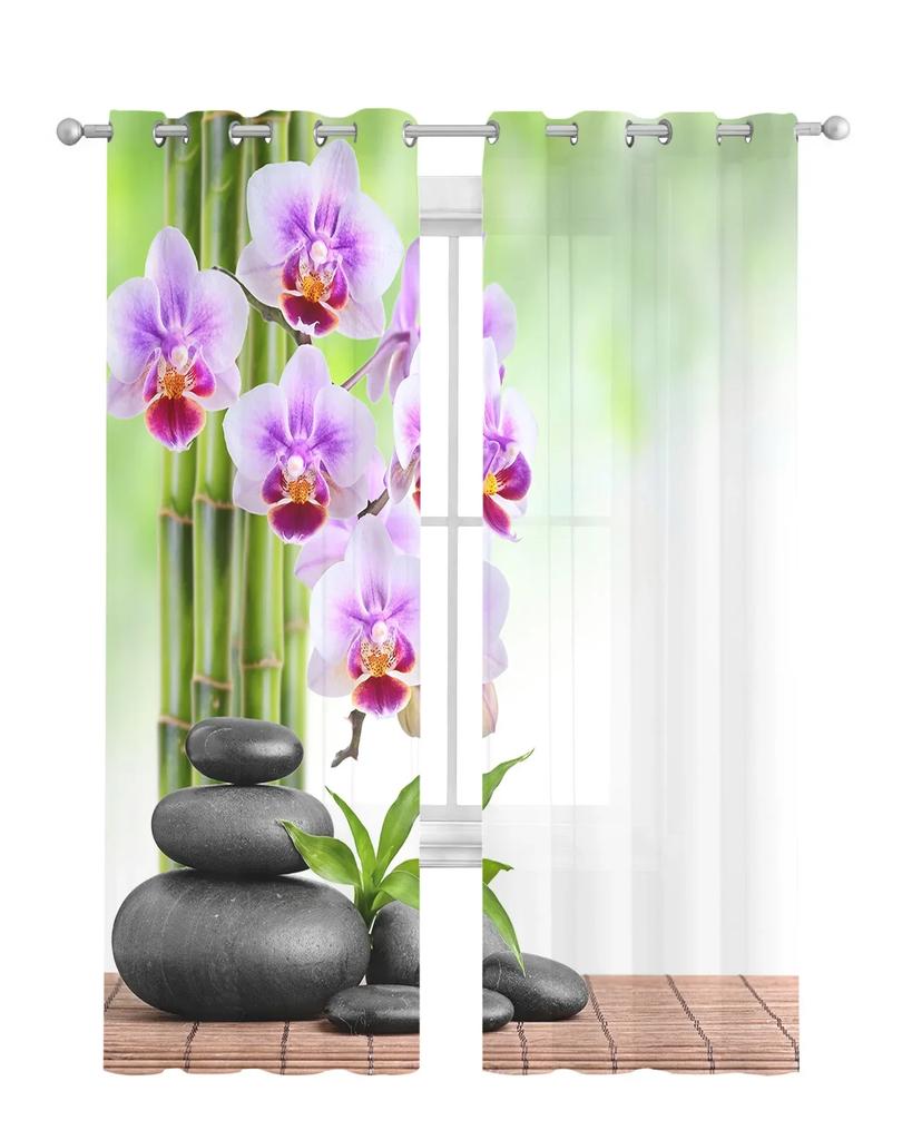 Bamboo Orchid Zen Stone Flower Sheer Curtains Living Room Window Tulle Curtains For Bedroom Kitchen Home Decoration Voile Drapes
