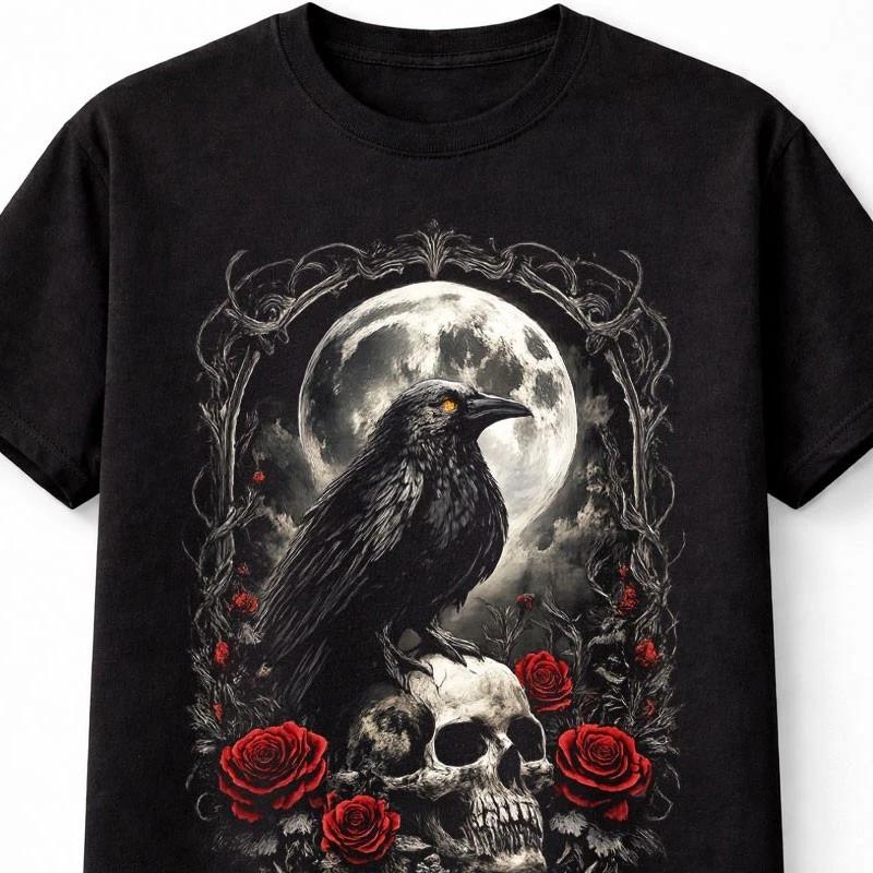 Raven Skull Rose Moon Horror Graphic Black Unisex TShirt S