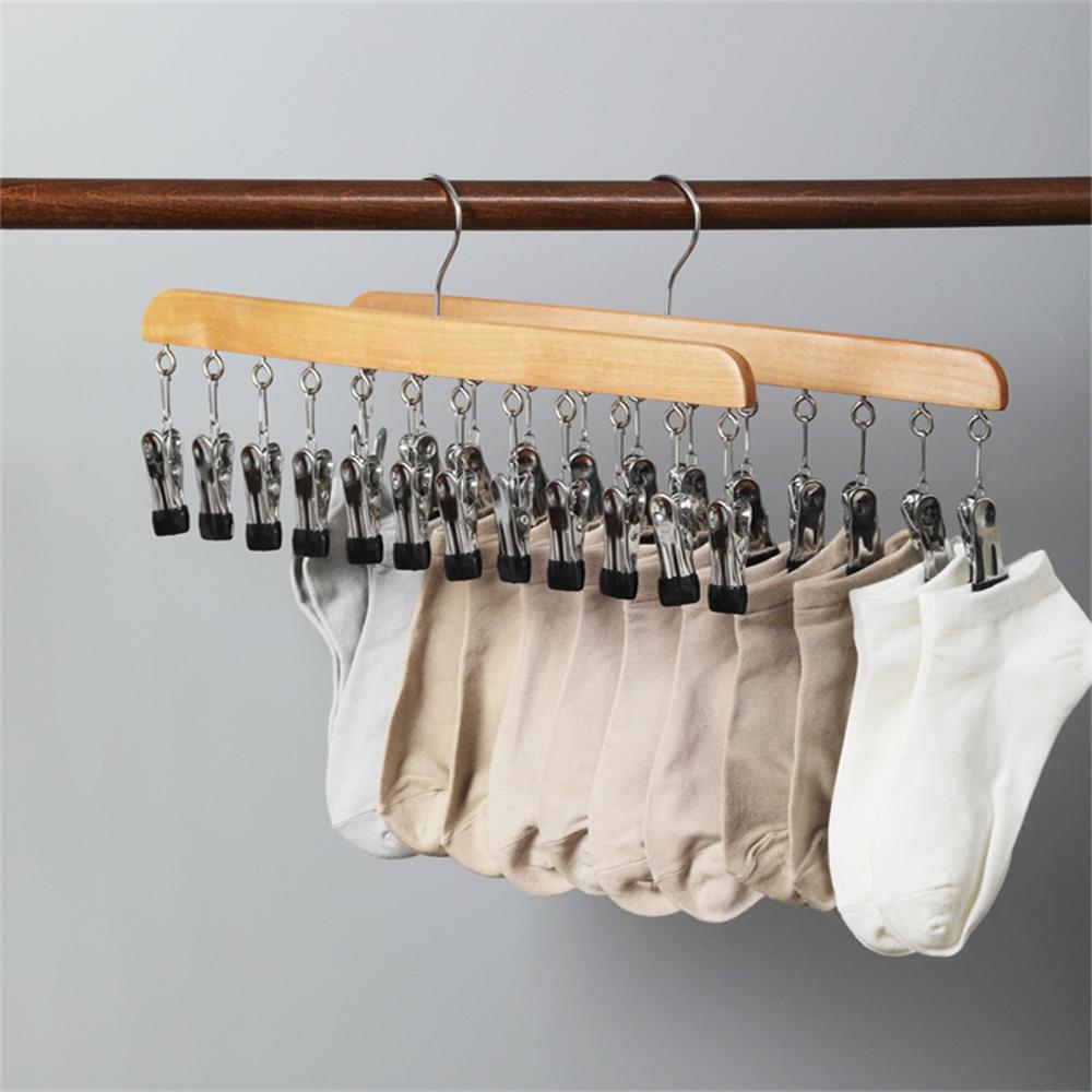 12 Clips Socks Hat Organizer Home Wooden Sling Clothes Hangers Metal Stainless Steel Drying Clips Panties Drying Clothespin