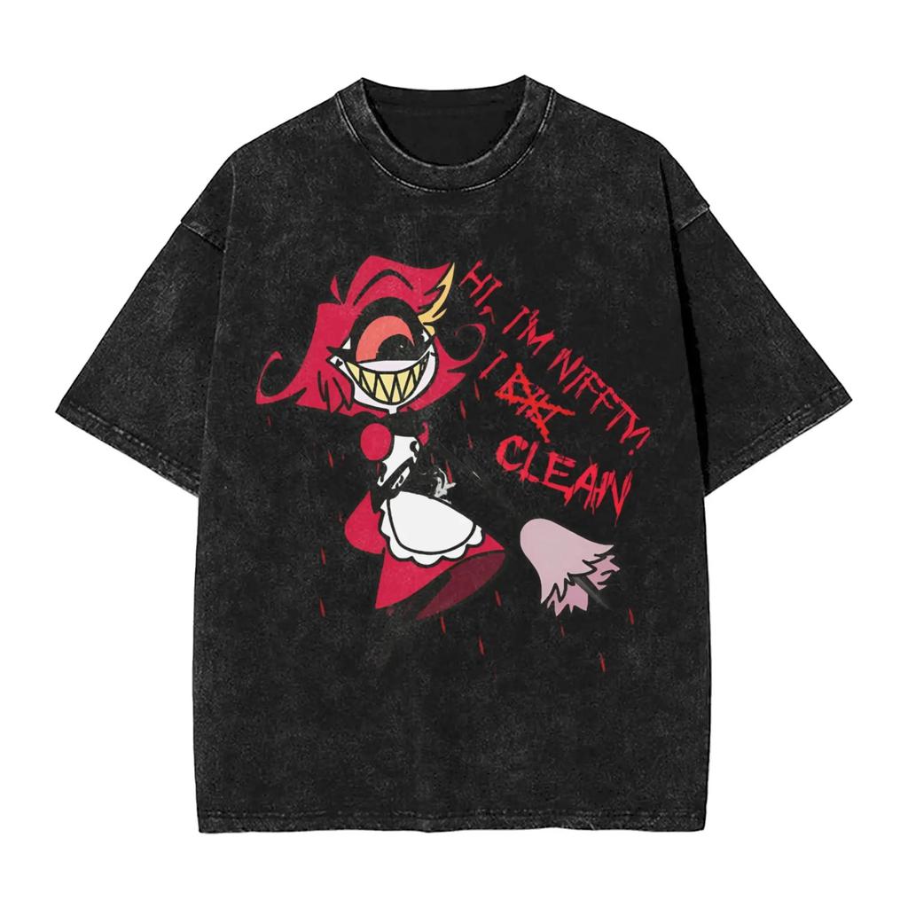 Hazbin Hotel 3 Vees Alastor Stampa T-shirt Uomo Lavaggio Acido Oversize Y2k Manica Corta Casual Cotone Girocollo Abbigliamento Donna Uomo Magliette