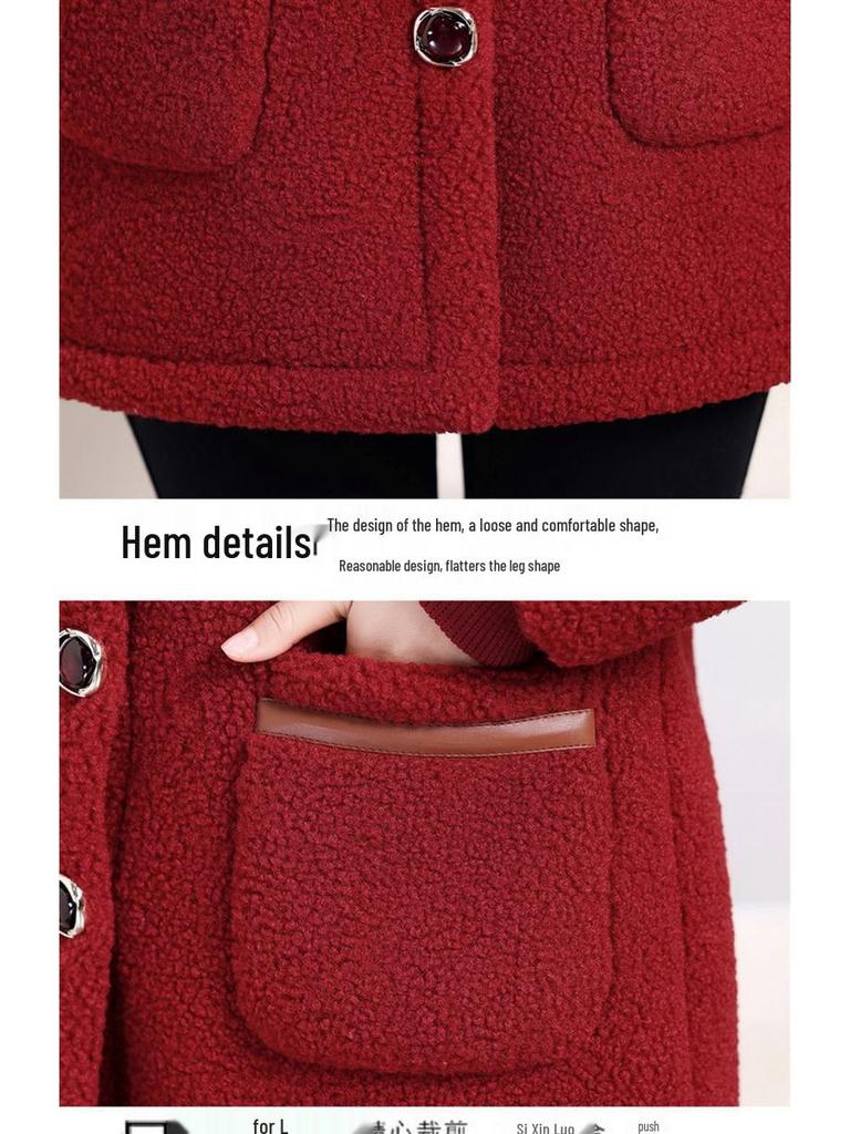 Mom's Winter Wear Fleece-Lined Lambswool Hooded Coat for Middle-Aged & Elderly Women