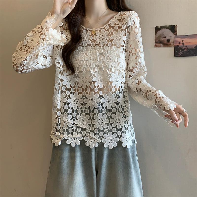 DIMANAF 2025 New Summer Women Hollow Out Holiday T-Shirt Basic Lace Fashion Tops Lace Tees Casual Loose Tees