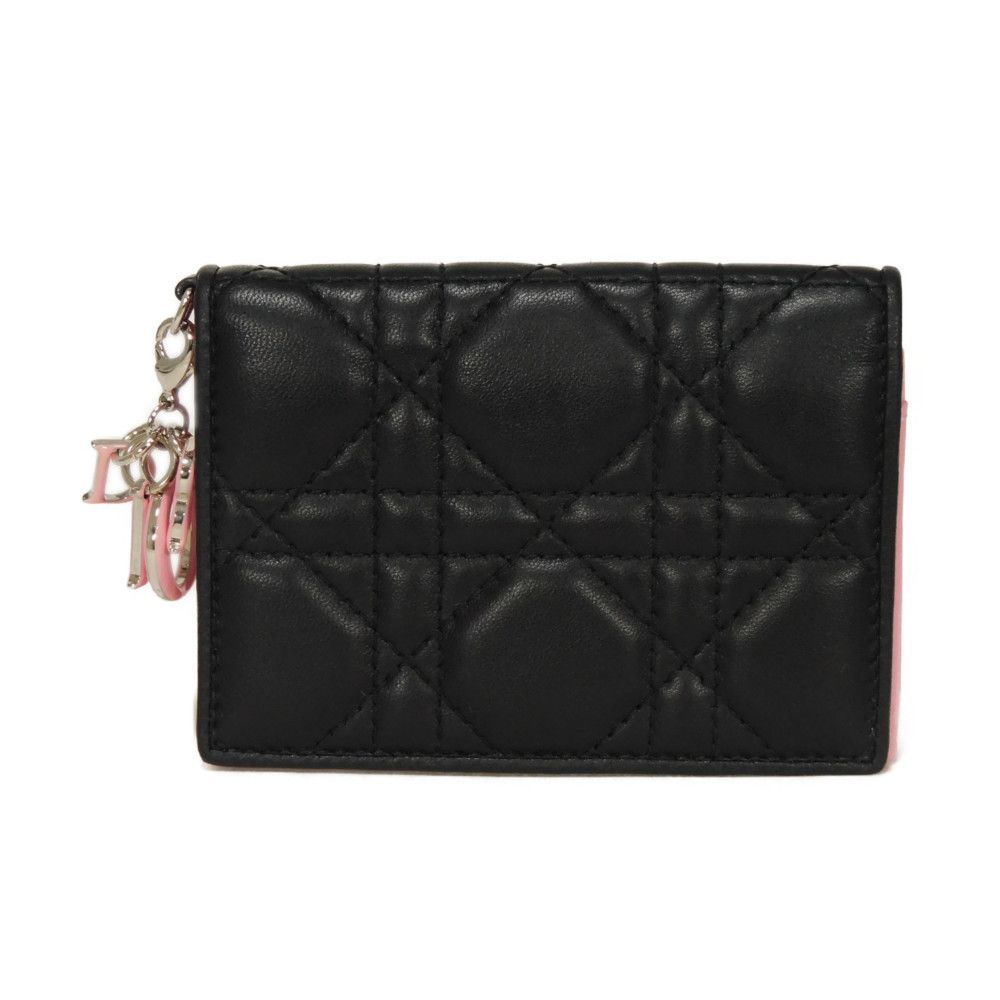 Used Lady Dior Card Holder 10656 S0011PANB 7946 with logo charm, pink two-tone, excellent condition, Cannage Black from