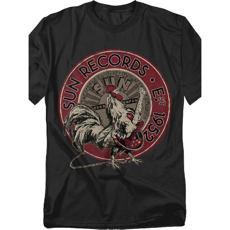 Men's Vintage Sun Records Rooster Graphic Tee, Soft Cotton Short Sleeve Crew Neck T-Shirt with Retro Music Logo Print for Casual Wear
