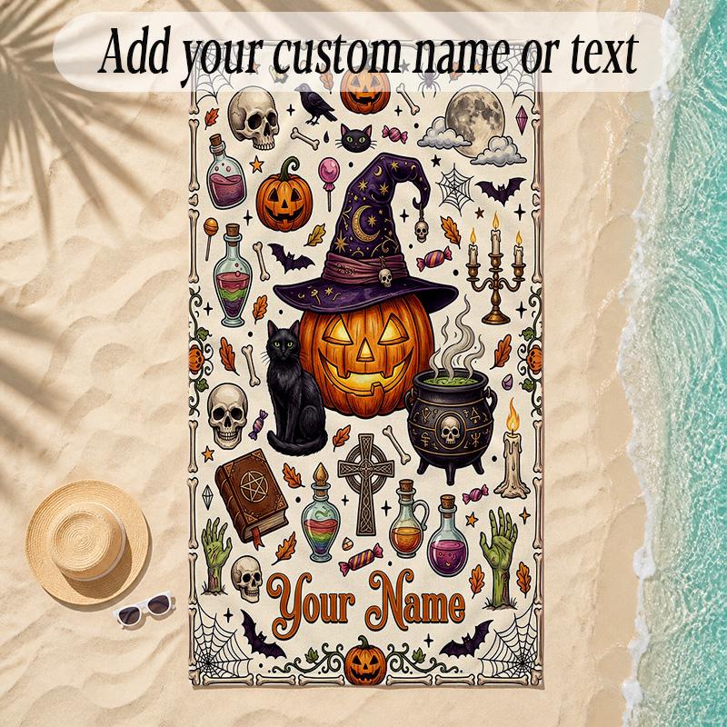 Halloween Theme Soft Beach Towel Personalized Custom Name Text Towel Portable for Beach Pool Travel