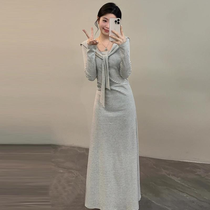 Spring 2026 Maternity Striped Two-Piece Style Waist-Cinched Tummy-Slimming Long Dress Extra Large