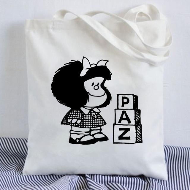 Kawaii Shopping Bag Mafalda Cute Anime Harajuku Canvas Bag Tote Bag Lady Handbag Large Capacity Shopper Bag Casual Shoulder Bag