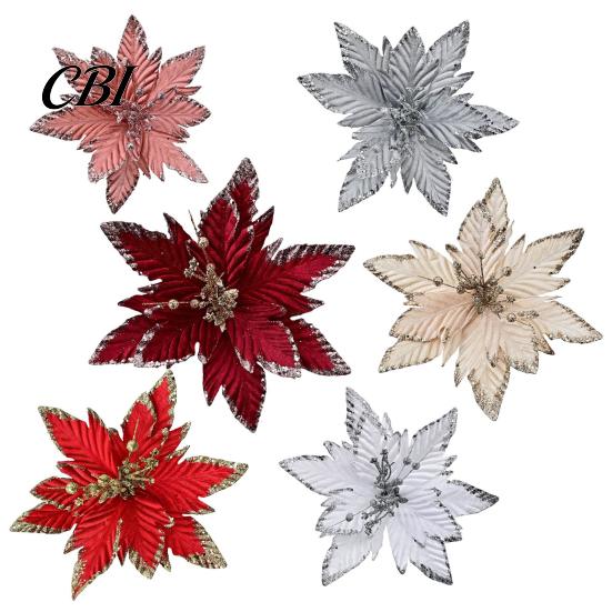 Velvet Poinsettia Decorations Artificial Flowers, Handmade Bead Cluster Christmas with Gold Glitter Fabric Decorative Flower Picks Petals, Reusable
