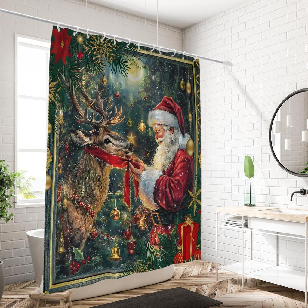 1pc Merry Christmas Print Waterproof Shower Partition Curtain Multi Size Privacy Protection with 12 Hooks Easy Installation
