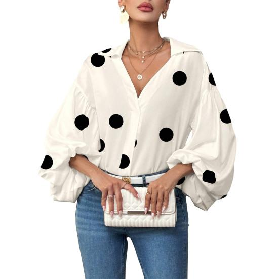 Women Shirt Lapel Half Open Collar Puff Long Sleeve Shirt Tops A-Line Tunic Soft Chiffon Casual Blouse Daily Wear