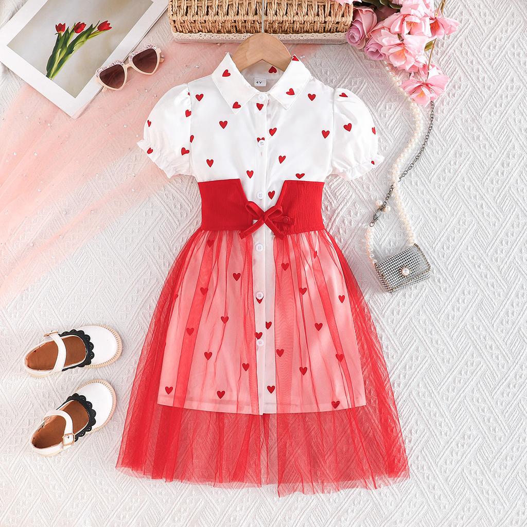 2-8Y Girls' Skirt Love Printed Princess Skirt Mesh Flying Sleeves Puffy Skirt Sweet Fashion Long Skirt