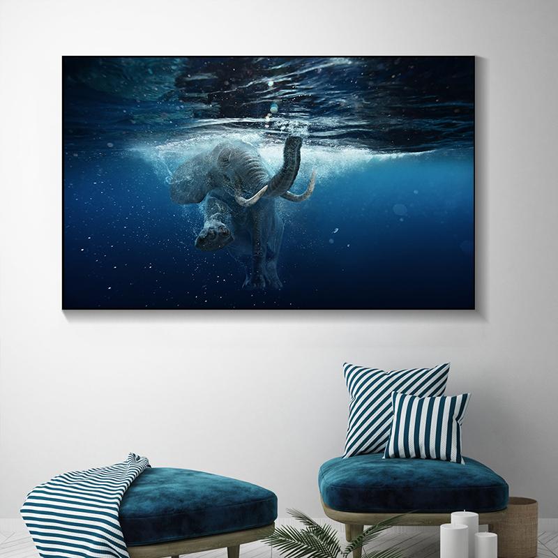 Animal African Elephant Swim in the Ocean Canvas Painting Posters and Prints Wall Picture Modern Living Room Home Deocr No Frame No Frame