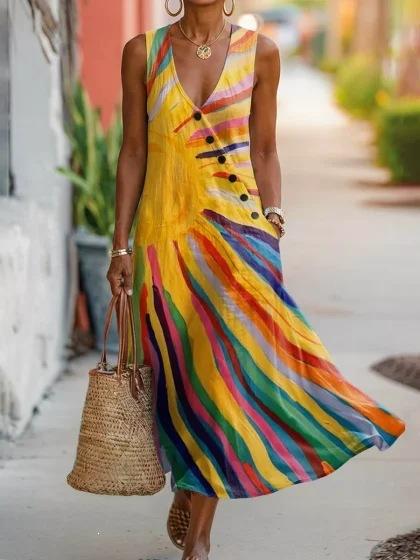 Summer V-neck Sleeveless Diagonal Button-up Vest Skirt Long Women's Vacation Casual Dress
