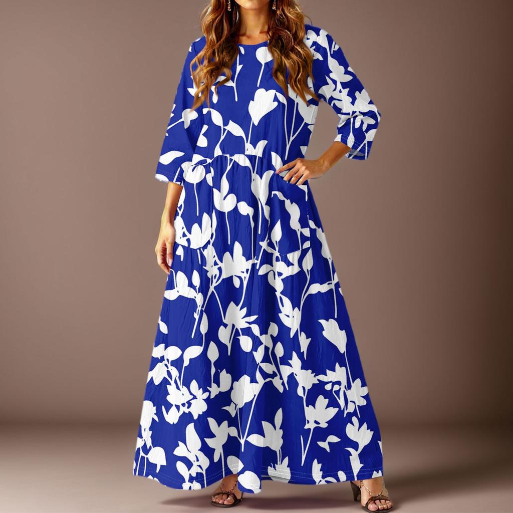 Women's Casual Fashion Floral Print Three-quarter Sleeve Long Dress With Pockets