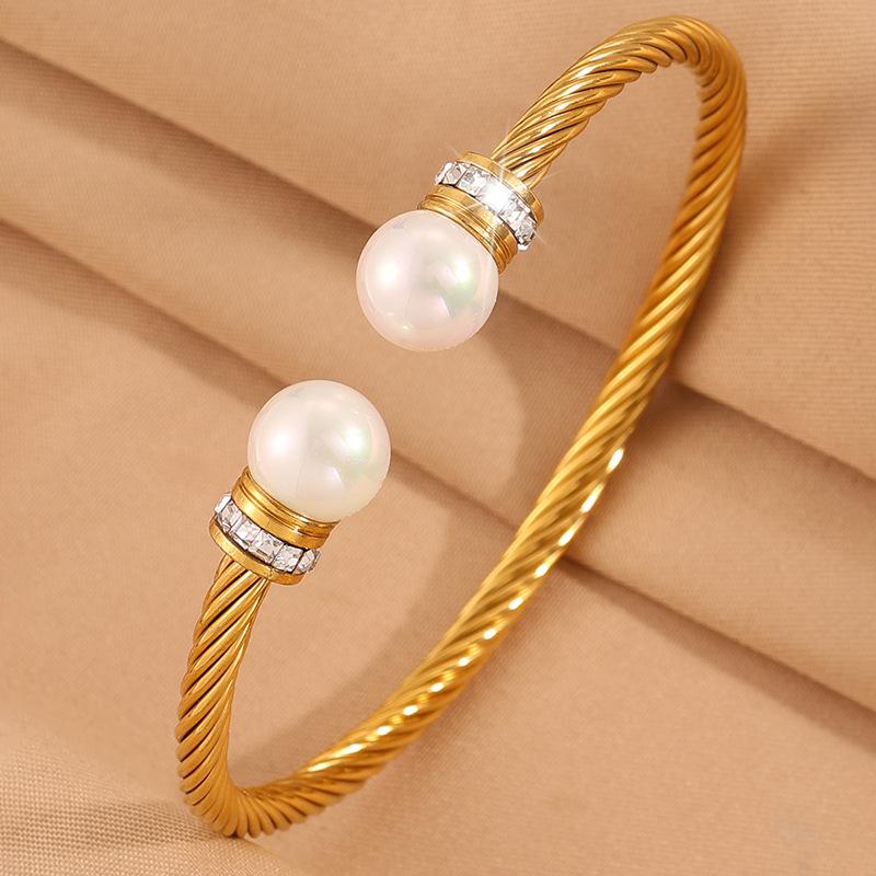 Steel wire opening round pearl diamond  women's fashion light luxury classic simple design versatile stainless steel 