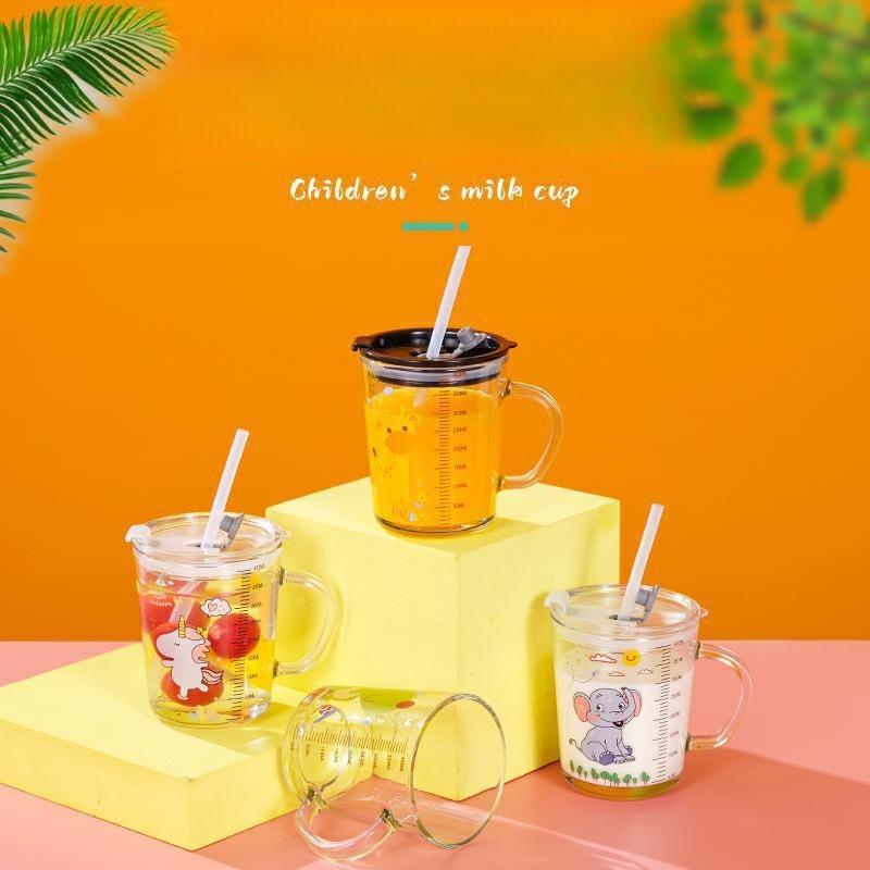 High Quality Kids Straw Cup with Lid and Handle Cute Glass Tumbler with Scale for Water Tea Milk Coffee Elephant Cartoon Pattern