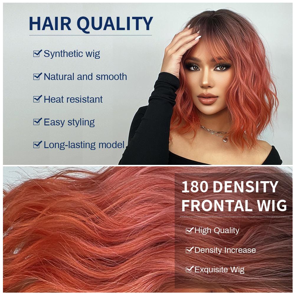 Short Bob Synthetic Wig Ombre Pink Water Wave Hair Wigs For Black Women With Bangs Cosplay Lolita Heat Resistant Natural Hair