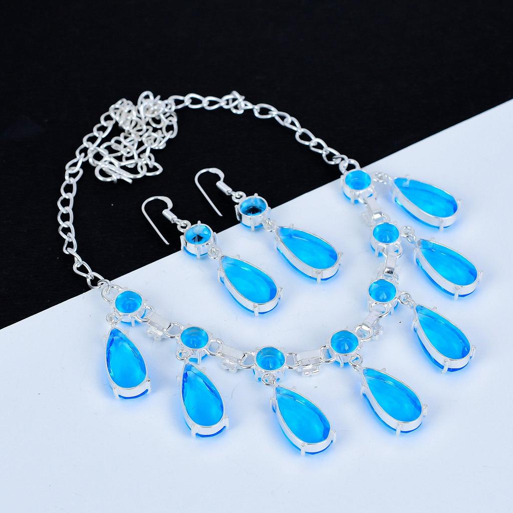 Blue Topaz Necklace Set, Blue Topaz Gemstone Handmade 925 Sterling Silver Blue Topaz Earring Necklace Set For Women Necklace For Gifts Valentine Gifts