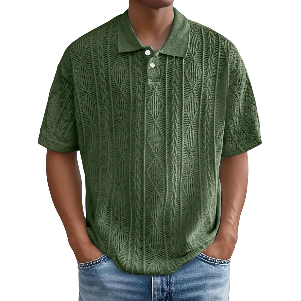 Casual  Shirts For Men Jacquared Texture Short Sleeve Tshirts Summer Loose Fit Breathable Outdoor Tops Plus Size