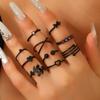 10pcs Iron Ring Multi-Layer Rhinestone Inlaid Ring Set Retro Exaggerated Multi-Layer Geometric Thin Ring Colorful Rhinestone  Black Ring Set